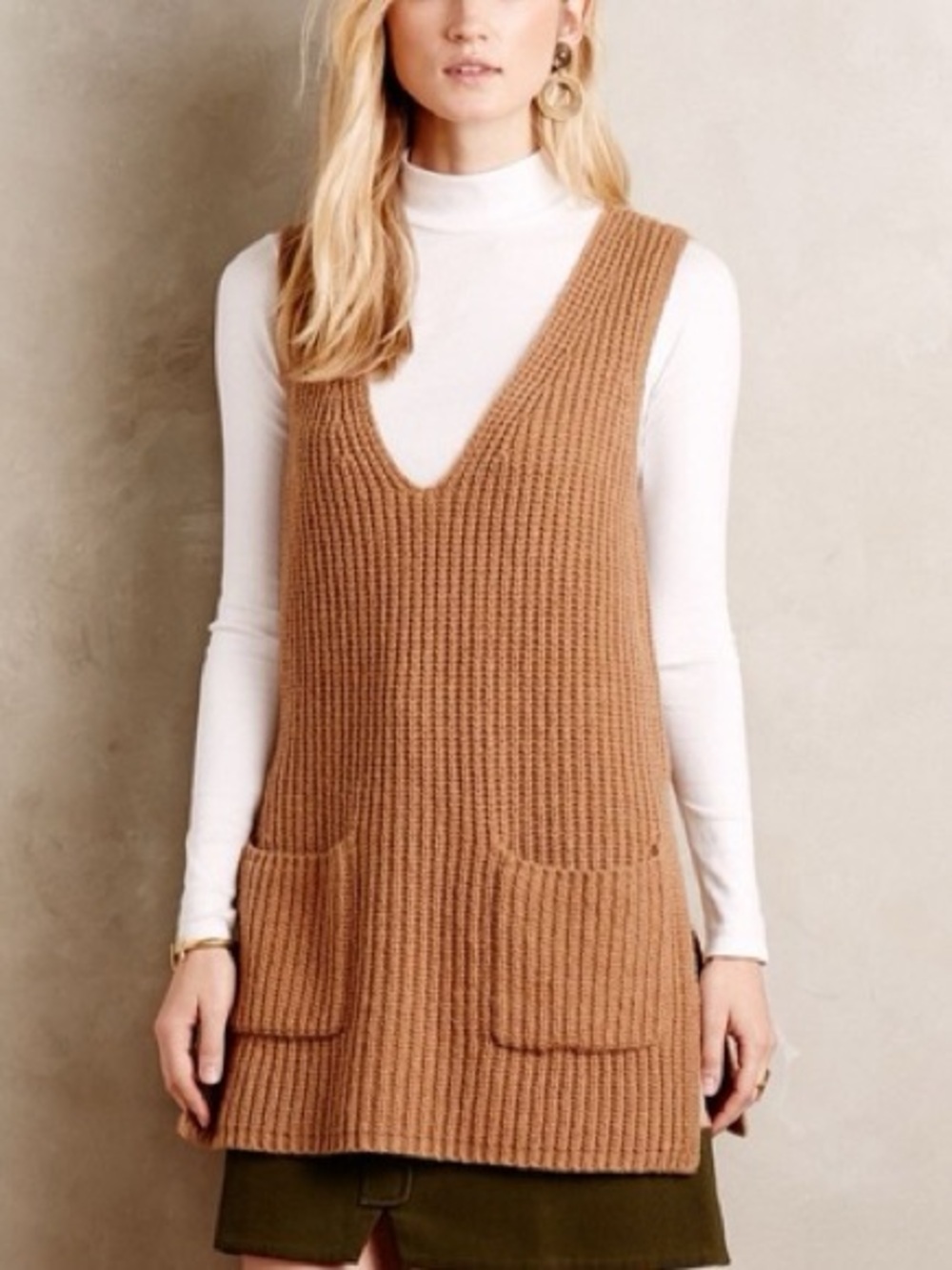 Moth | Anthropologie Sleeveless V-Neck Knit Vest Camel Brown Wool Blend Size Med